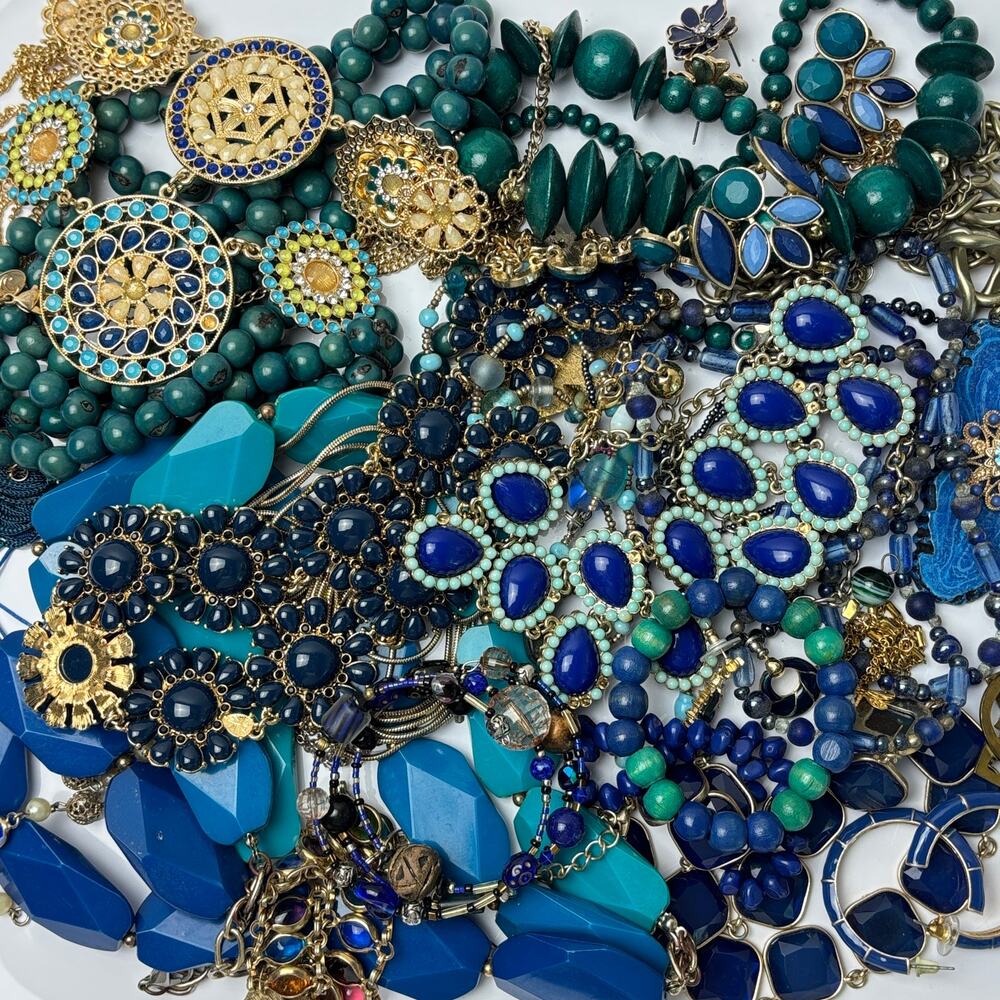 Curated Craft Jewelry Lot - 2 lbs Vibrant Blue Gold Chunky Statement Bead